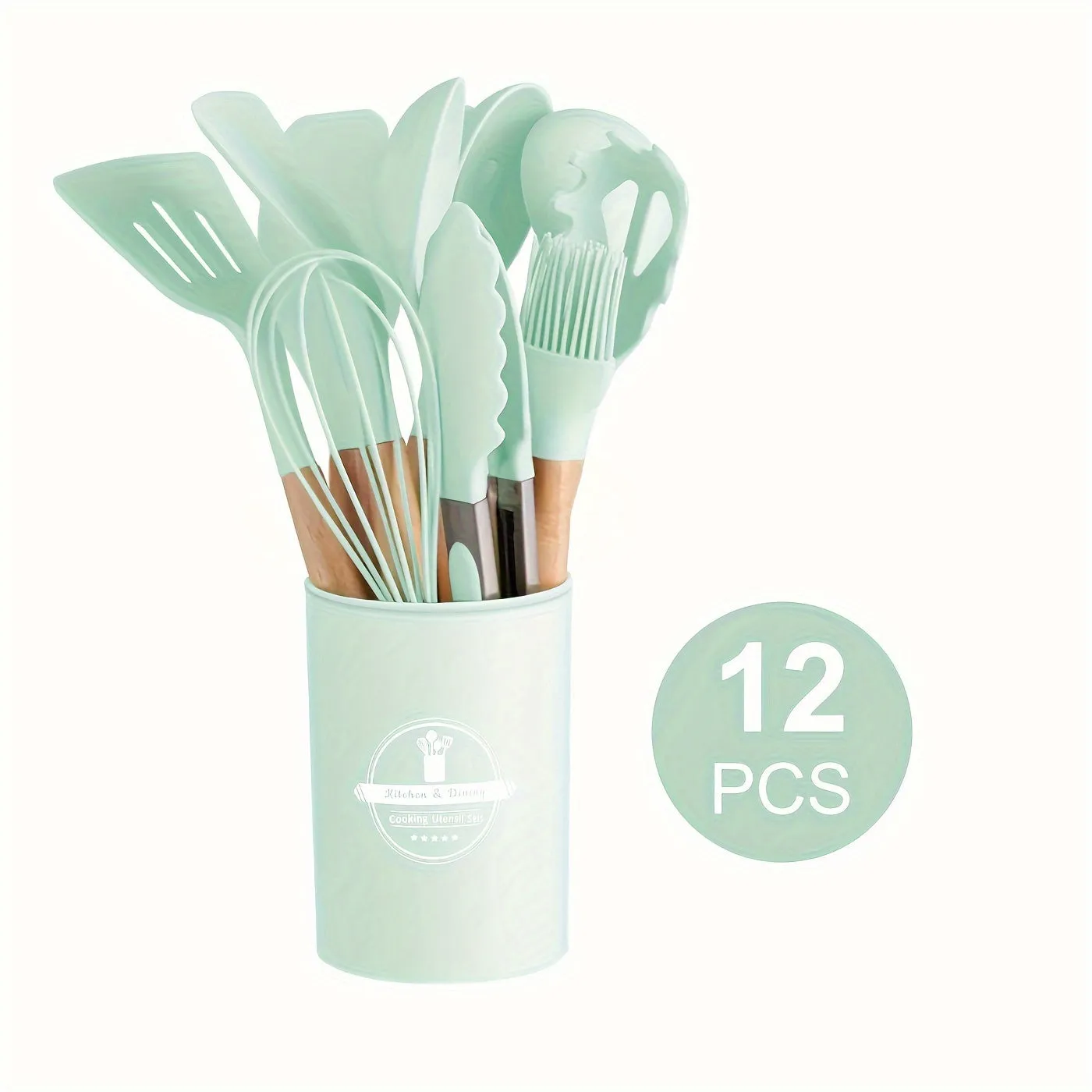12pcs/set, Silicone Utensil Set, Kitchen Utensil Set, Safety Cooking Utensils Set, Non-Stick Cooking Utensils Set With Wooden Handle, Washable Modern Cookware, Kitchen Stuff, Kitchen Gadgets, Kitchen Essentials, Baking Supplies