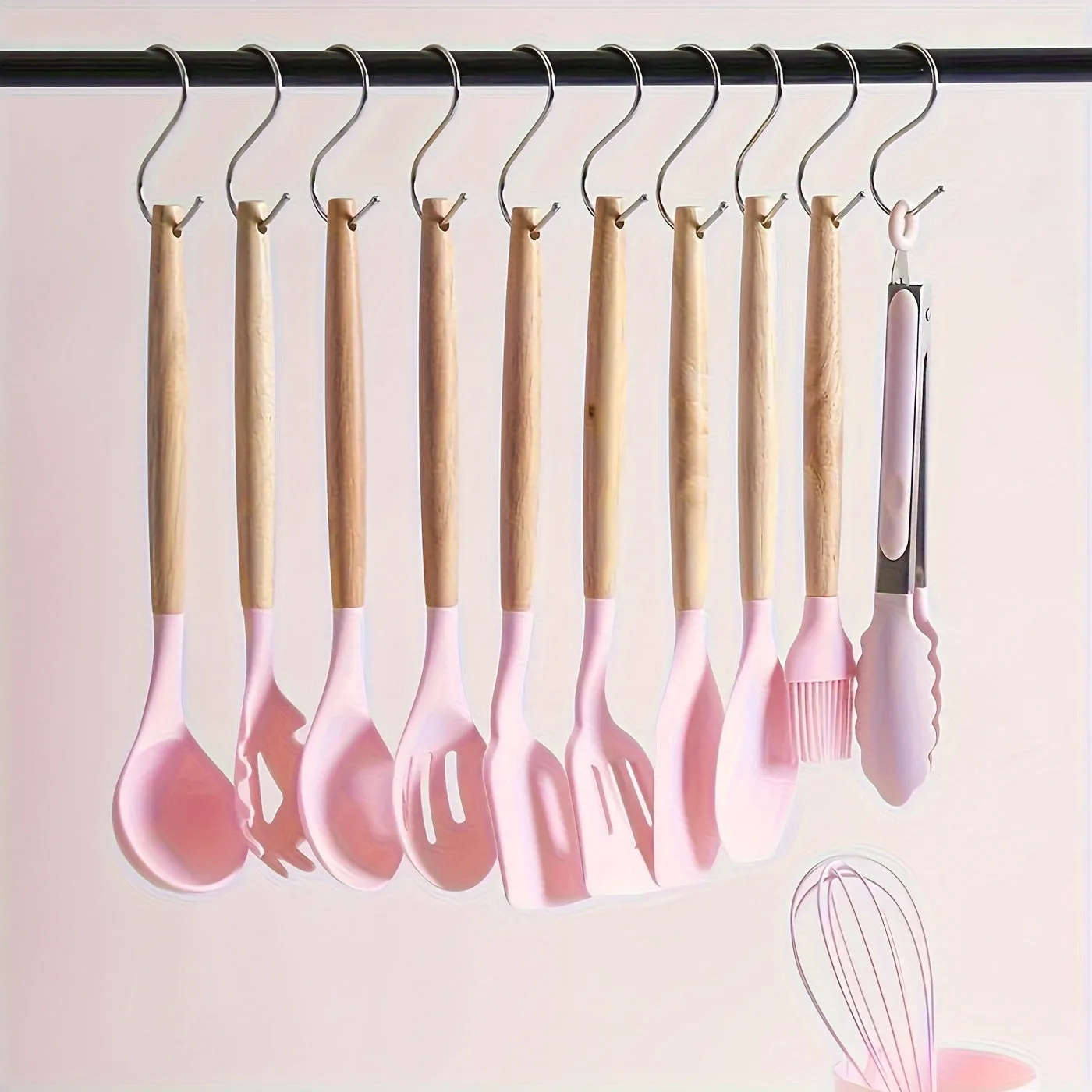 12pcs/set, Silicone Utensil Set, Kitchen Utensil Set, Safety Cooking Utensils Set, Non-Stick Cooking Utensils Set With Wooden Handle, Washable Modern Cookware, Kitchen Stuff, Kitchen Gadgets, Kitchen Essentials, Baking Supplies