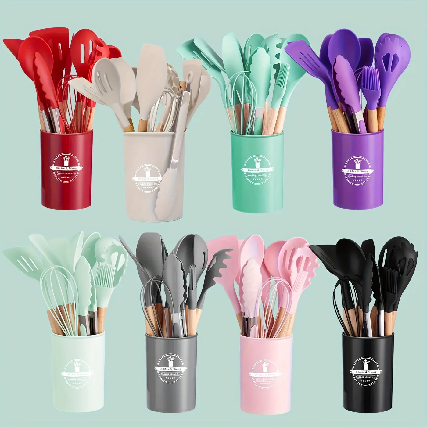 12pcs/set, Silicone Utensil Set, Kitchen Utensil Set, Safety Cooking Utensils Set, Non-Stick Cooking Utensils Set With Wooden Handle, Washable Modern Cookware, Kitchen Stuff, Kitchen Gadgets, Kitchen Essentials, Baking Supplies