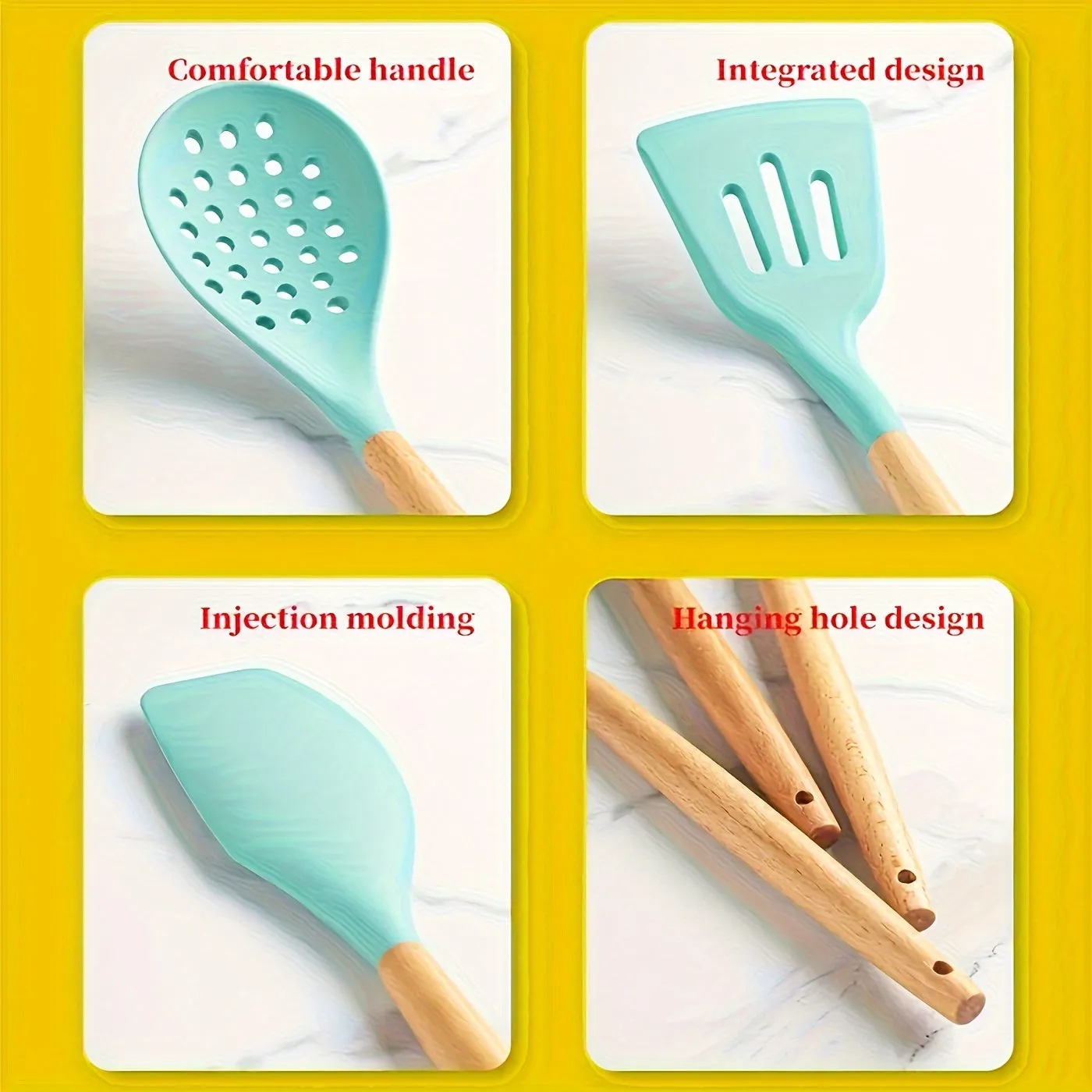 12pcs/set, Silicone Utensil Set, Kitchen Utensil Set, Safety Cooking Utensils Set, Non-Stick Cooking Utensils Set With Wooden Handle, Washable Modern Cookware, Kitchen Stuff, Kitchen Gadgets, Kitchen Essentials, Baking Supplies
