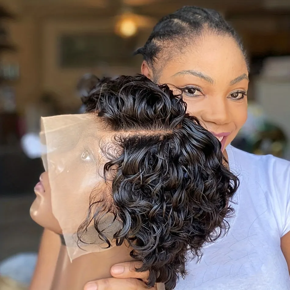 13x4 Pixie Cut Wigs Lace Frontal Human Hair Wigs For Women Deep Curly Short Pixie Cut Wigs For Women 180% Density Black Transparent Lace Wigs Pre Plucked Short Curly Wigs Human Hair