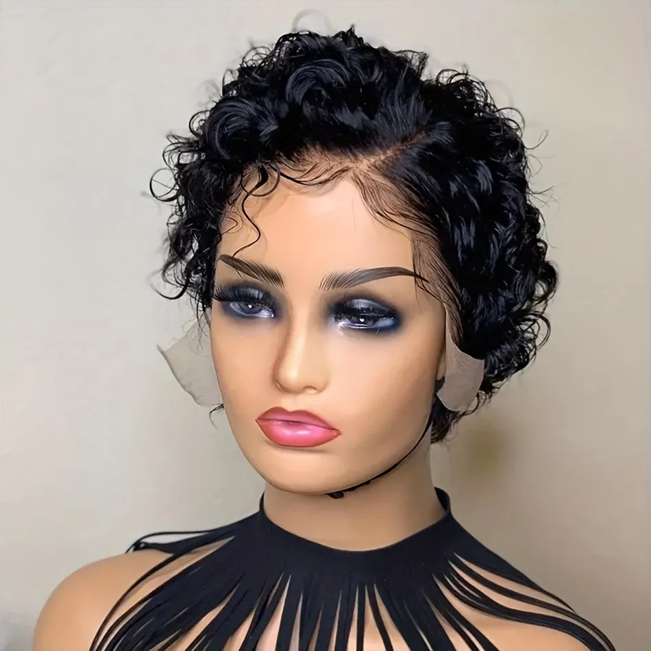 13x4 Pixie Cut Wigs Lace Frontal Human Hair Wigs For Women Deep Curly Short Pixie Cut Wigs For Women 180% Density Black Transparent Lace Wigs Pre Plucked Short Curly Wigs Human Hair