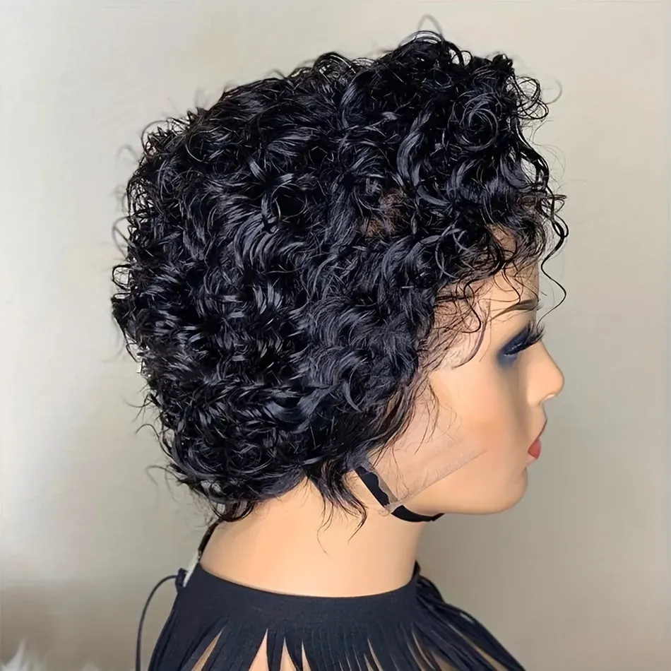 13x4 Pixie Cut Wigs Lace Frontal Human Hair Wigs For Women Deep Curly Short Pixie Cut Wigs For Women 180% Density Black Transparent Lace Wigs Pre Plucked Short Curly Wigs Human Hair