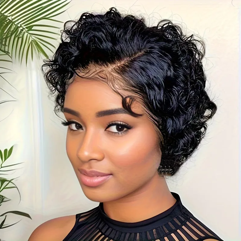 13x4 Pixie Cut Wigs Lace Frontal Human Hair Wigs For Women Deep Curly Short Pixie Cut Wigs For Women 180% Density Black Transparent Lace Wigs Pre Plucked Short Curly Wigs Human Hair