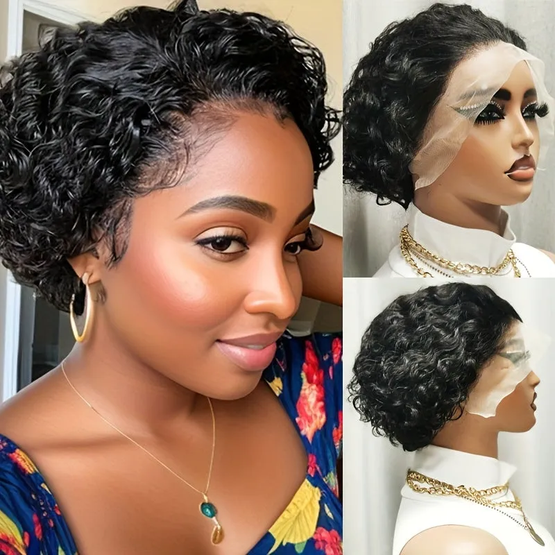 13x4 Pixie Cut Wigs Lace Frontal Human Hair Wigs For Women Deep Curly Short Pixie Cut Wigs For Women 180% Density Black Transparent Lace Wigs Pre Plucked Short Curly Wigs Human Hair