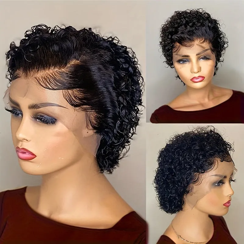 13x4 Pixie Cut Wigs Lace Frontal Human Hair Wigs For Women Deep Curly Short Pixie Cut Wigs For Women 180% Density Black Transparent Lace Wigs Pre Plucked Short Curly Wigs Human Hair