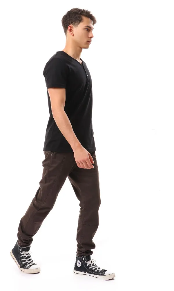 14096 Buttoned V-Neck Solid T-Shirt - Black