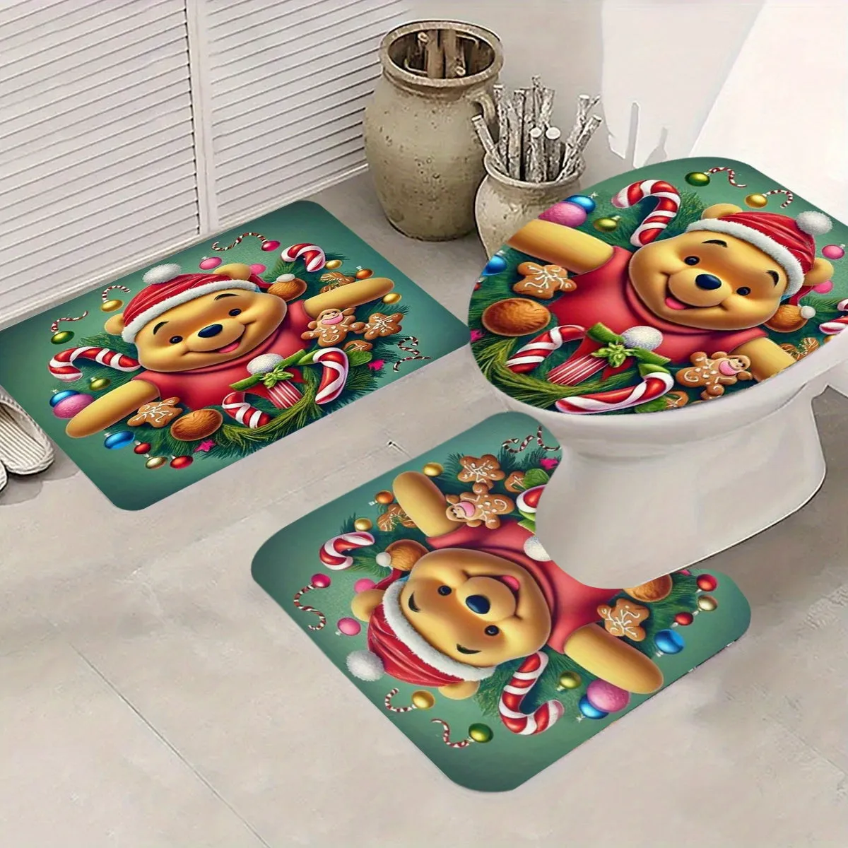 4-Piece Christmas Bathroom Set with Non-Slip Rugs, Toilet Lid Cover, and Bath Mat - Waterproof Polyester Fabric, Festive Plush Toy & Blanket Decorations, Includes 12 Hooks for Easy Installation