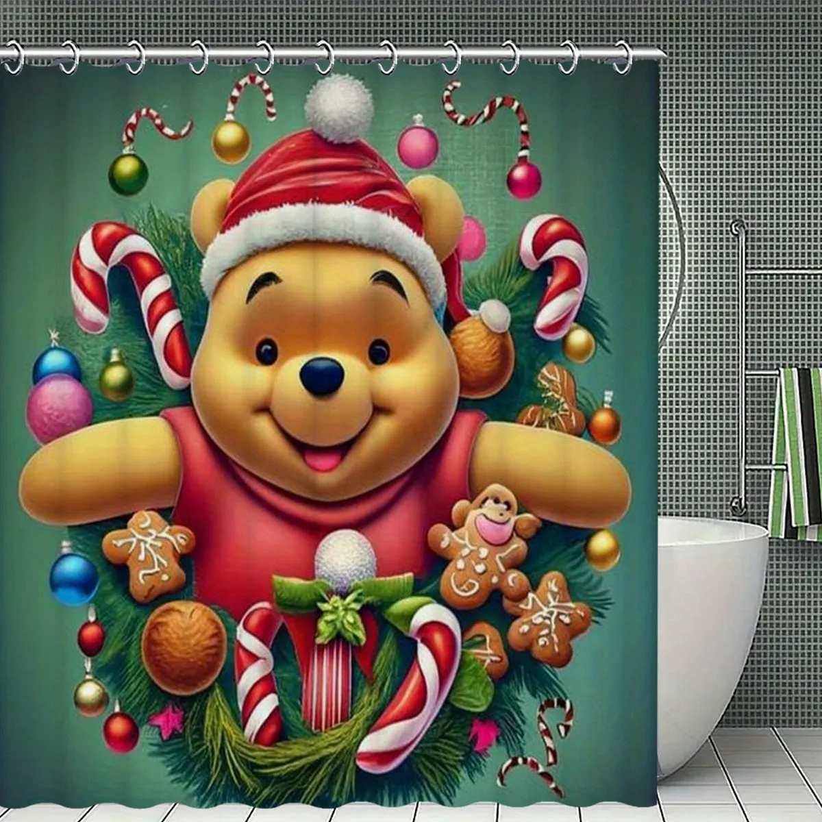 4-Piece Christmas Bathroom Set with Non-Slip Rugs, Toilet Lid Cover, and Bath Mat - Waterproof Polyester Fabric, Festive Plush Toy & Blanket Decorations, Includes 12 Hooks for Easy Installation