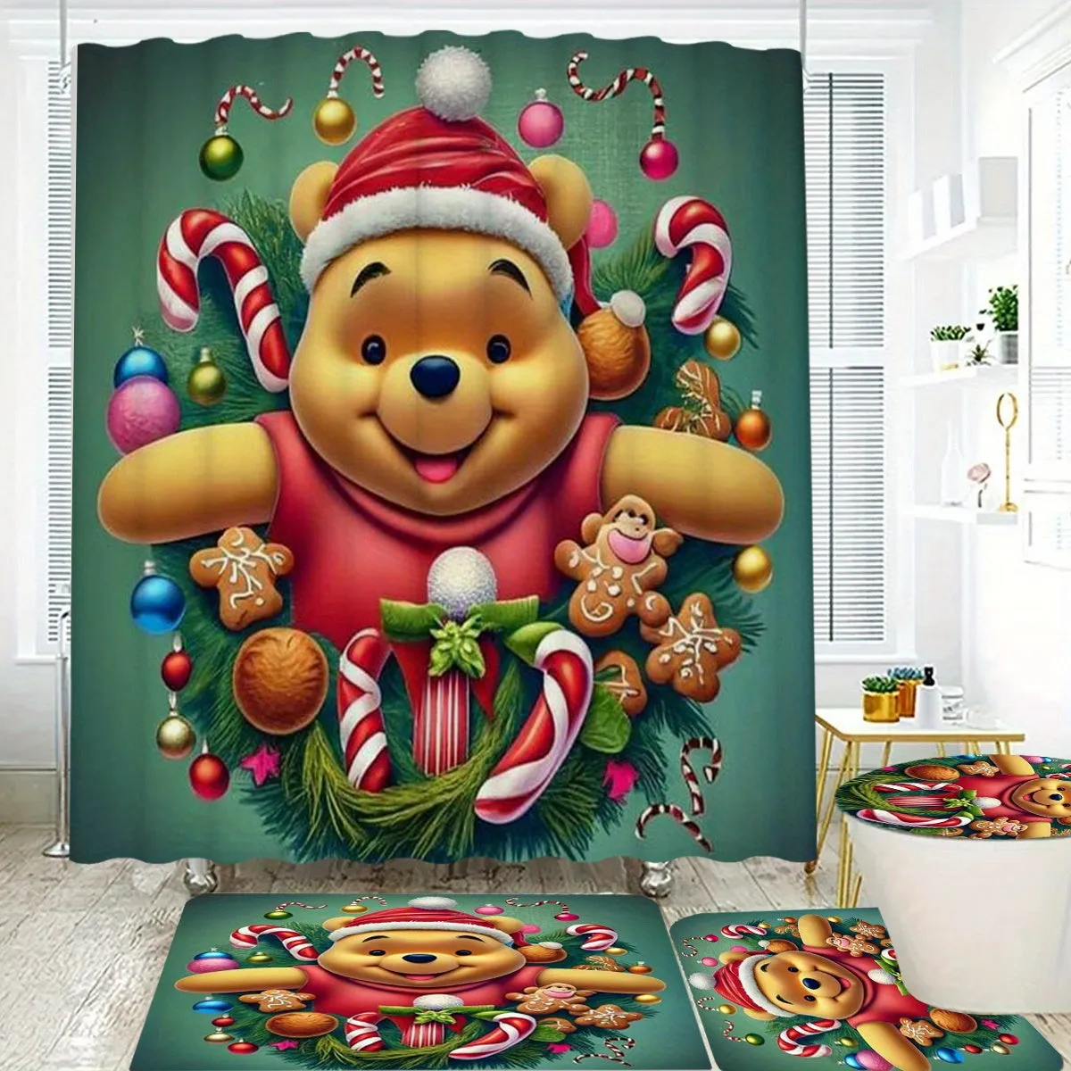 4-Piece Christmas Bathroom Set with Non-Slip Rugs, Toilet Lid Cover, and Bath Mat - Waterproof Polyester Fabric, Festive Plush Toy & Blanket Decorations, Includes 12 Hooks for Easy Installation