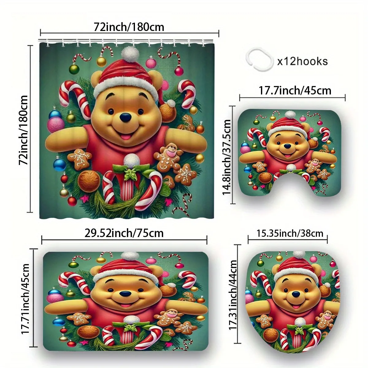 4-Piece Christmas Bathroom Set with Non-Slip Rugs, Toilet Lid Cover, and Bath Mat - Waterproof Polyester Fabric, Festive Plush Toy & Blanket Decorations, Includes 12 Hooks for Easy Installation