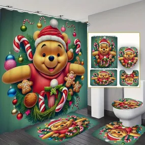 4-Piece Christmas Bathroom Set with Non-Slip Rugs, Toilet Lid Cover, and Bath Mat - Waterproof Polyester Fabric, Festive Plush Toy & Blanket Decorations, Includes 12 Hooks for Easy Installation