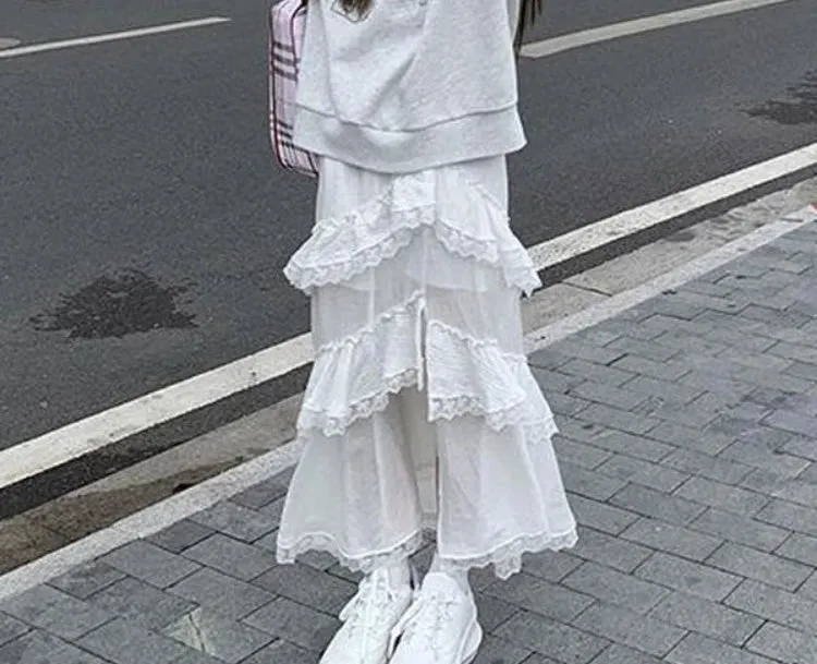 Advbridge -  Irregularity Design Ruffled Edge Long Skirt Slim Waistline Skirts for Woman High Waist Lace Splicing Skirt Korean Fashion Faldas