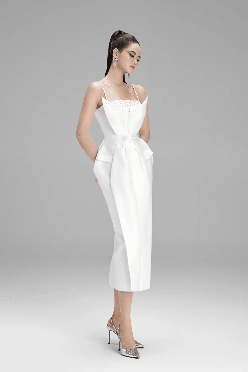 Aurora Pegged Spaghetti Strap Taffeta Midi Dress