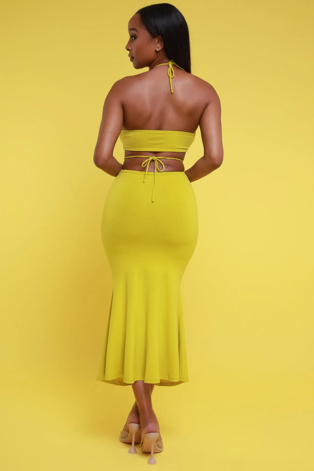 Be Kind Ruched Cropped Skirt Set - Chartreuse