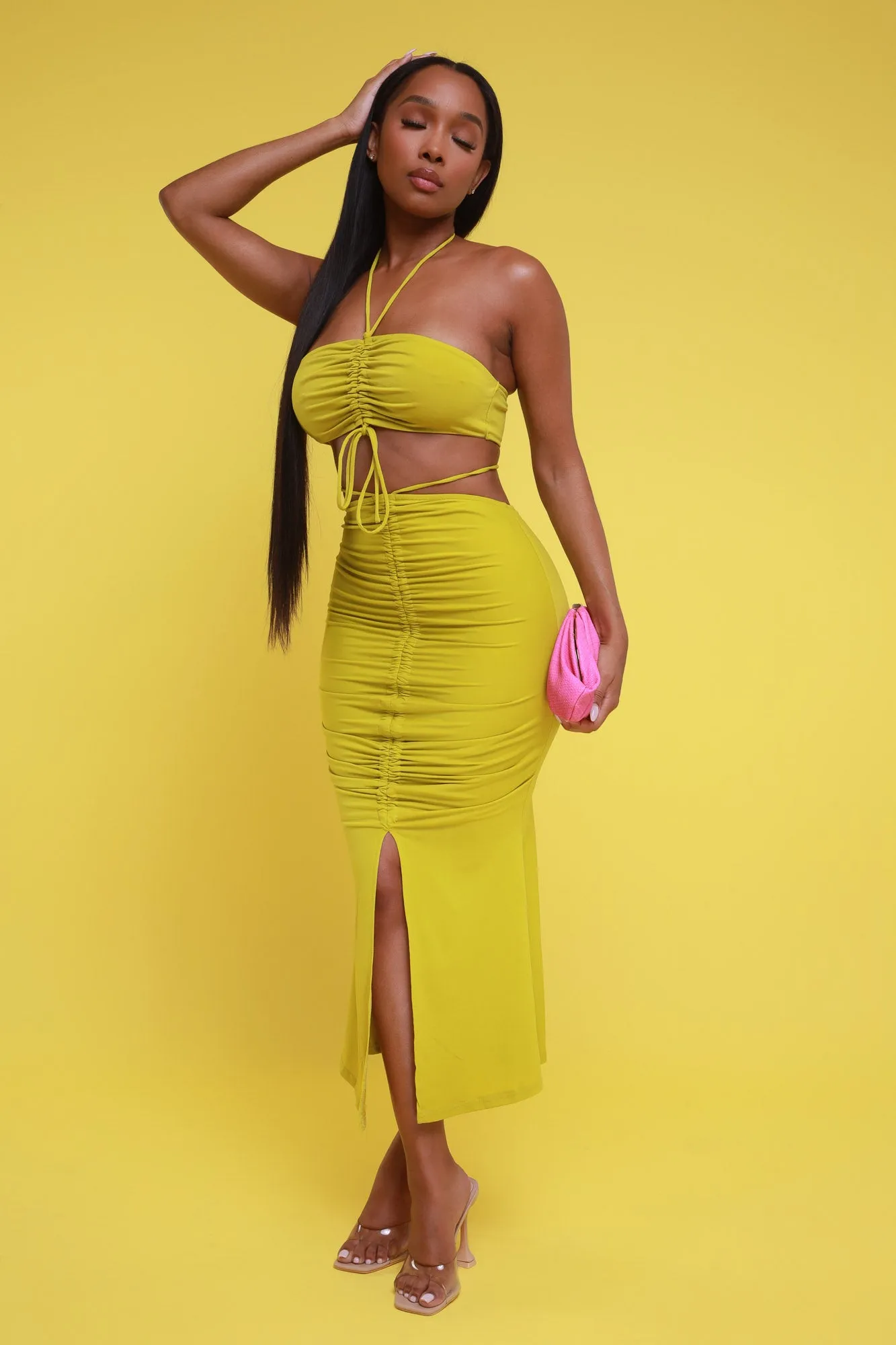 Be Kind Ruched Cropped Skirt Set - Chartreuse