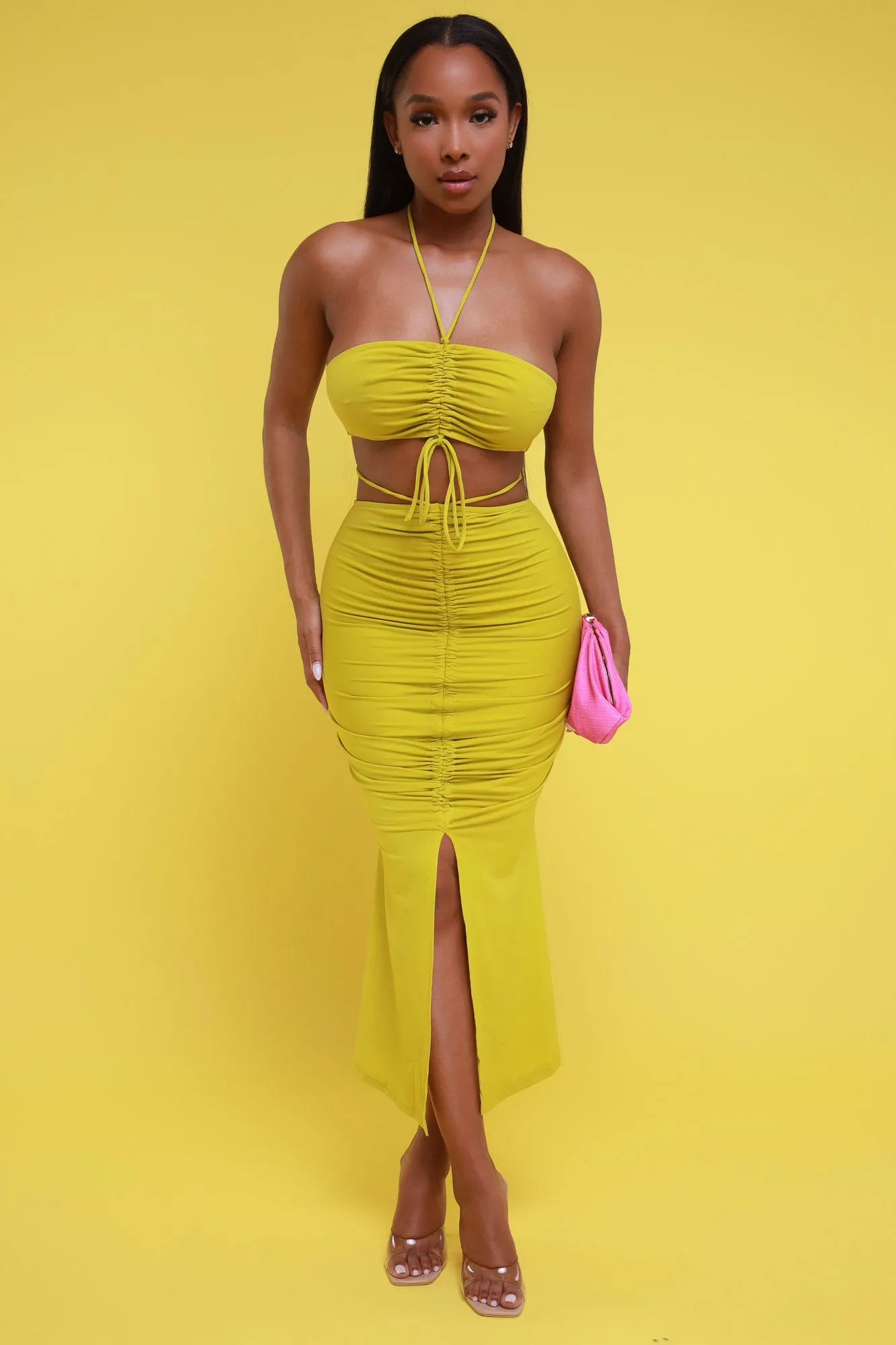 Be Kind Ruched Cropped Skirt Set - Chartreuse