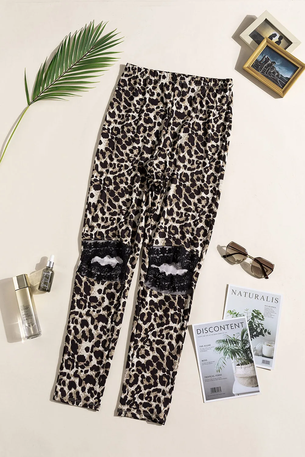 Beige Skinny Leopard Print Leggings with Hollow Out Detail