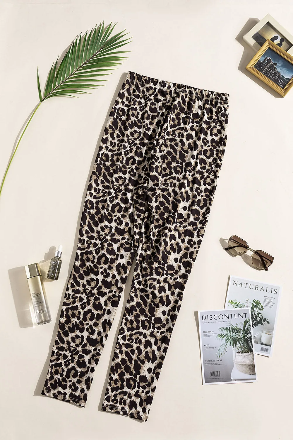 Beige Skinny Leopard Print Leggings with Hollow Out Detail