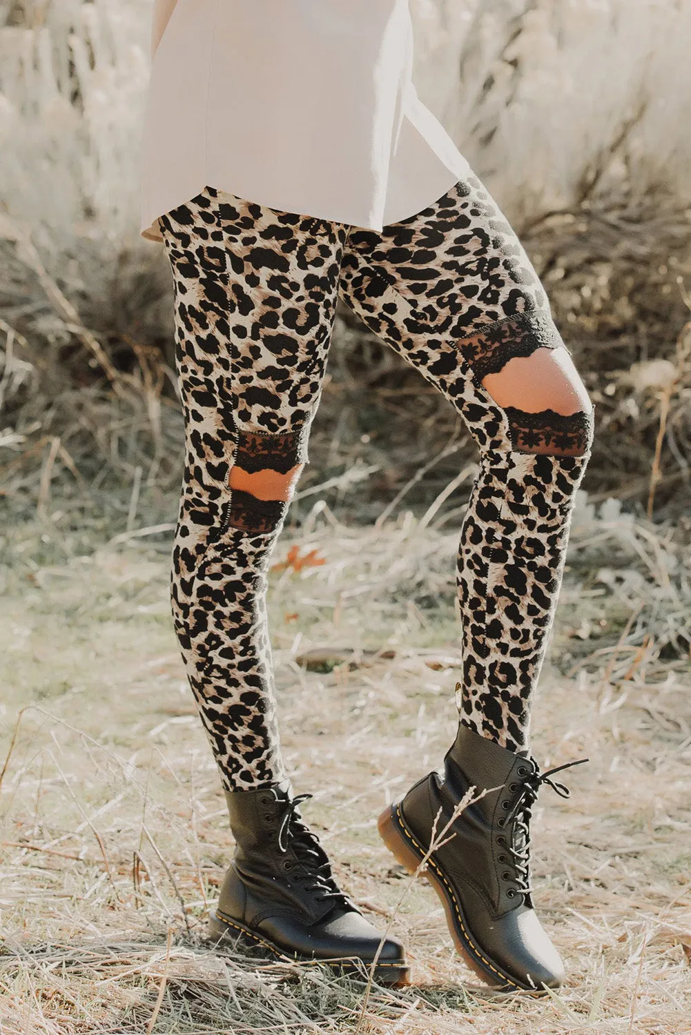 Beige Skinny Leopard Print Leggings with Hollow Out Detail