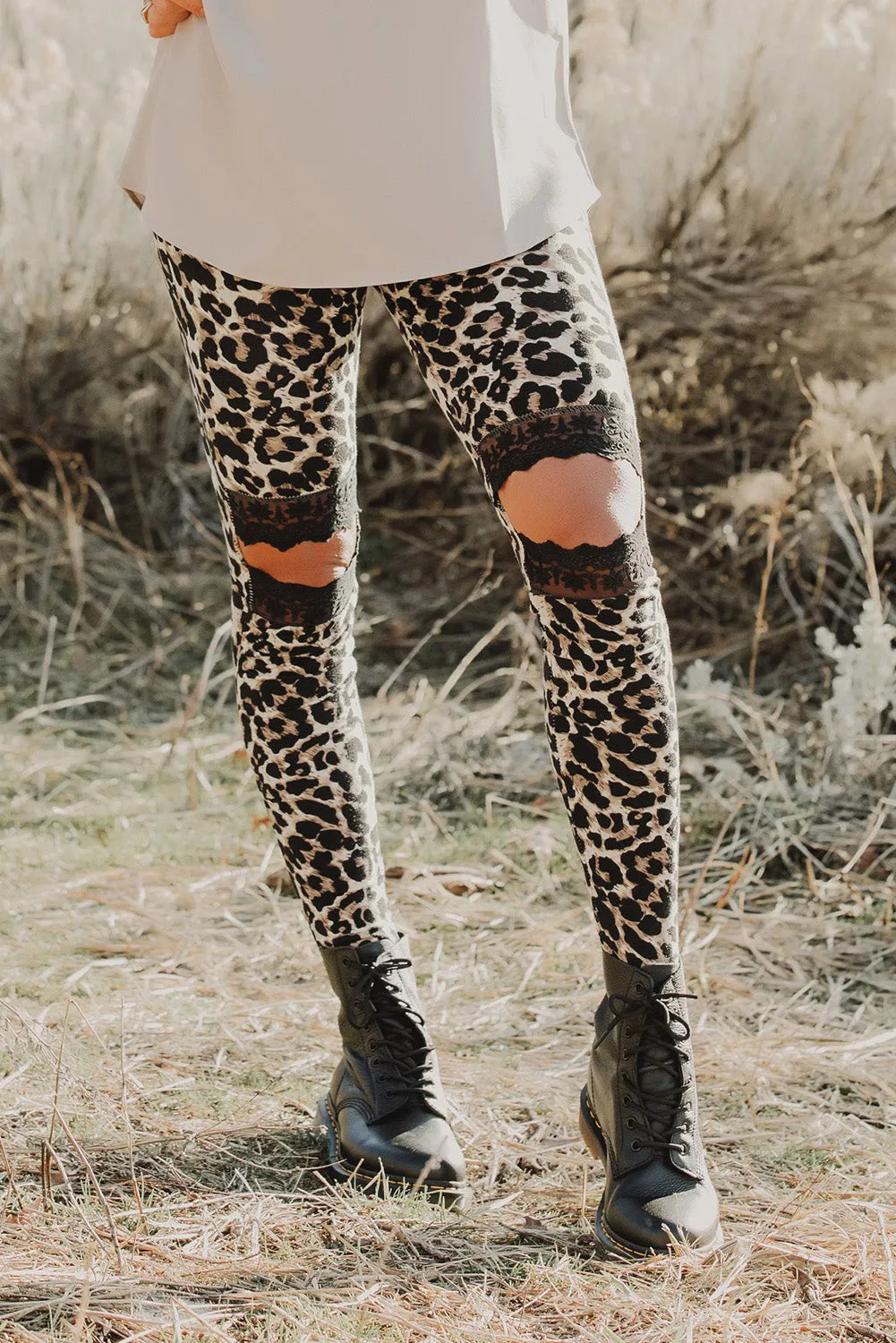 Beige Skinny Leopard Print Leggings with Hollow Out Detail