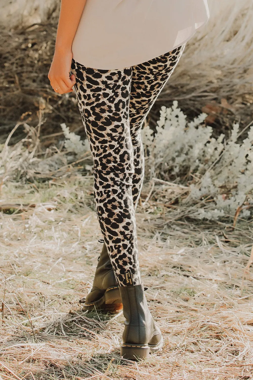 Beige Skinny Leopard Print Leggings with Hollow Out Detail