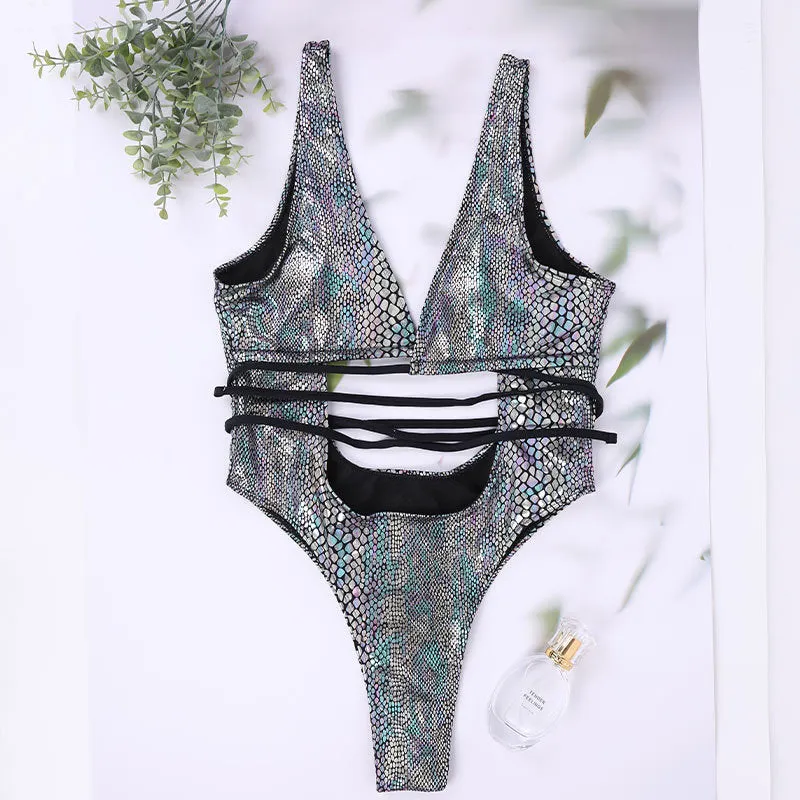 Bikini One Piece Swimsuit Strappy Lace Up Swimwear Bathing Suit
