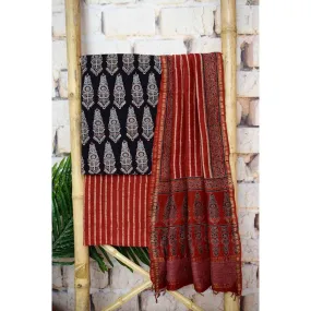 Black Ajrakh Triple Block Cotton Suit with Maheshwari Dupatta