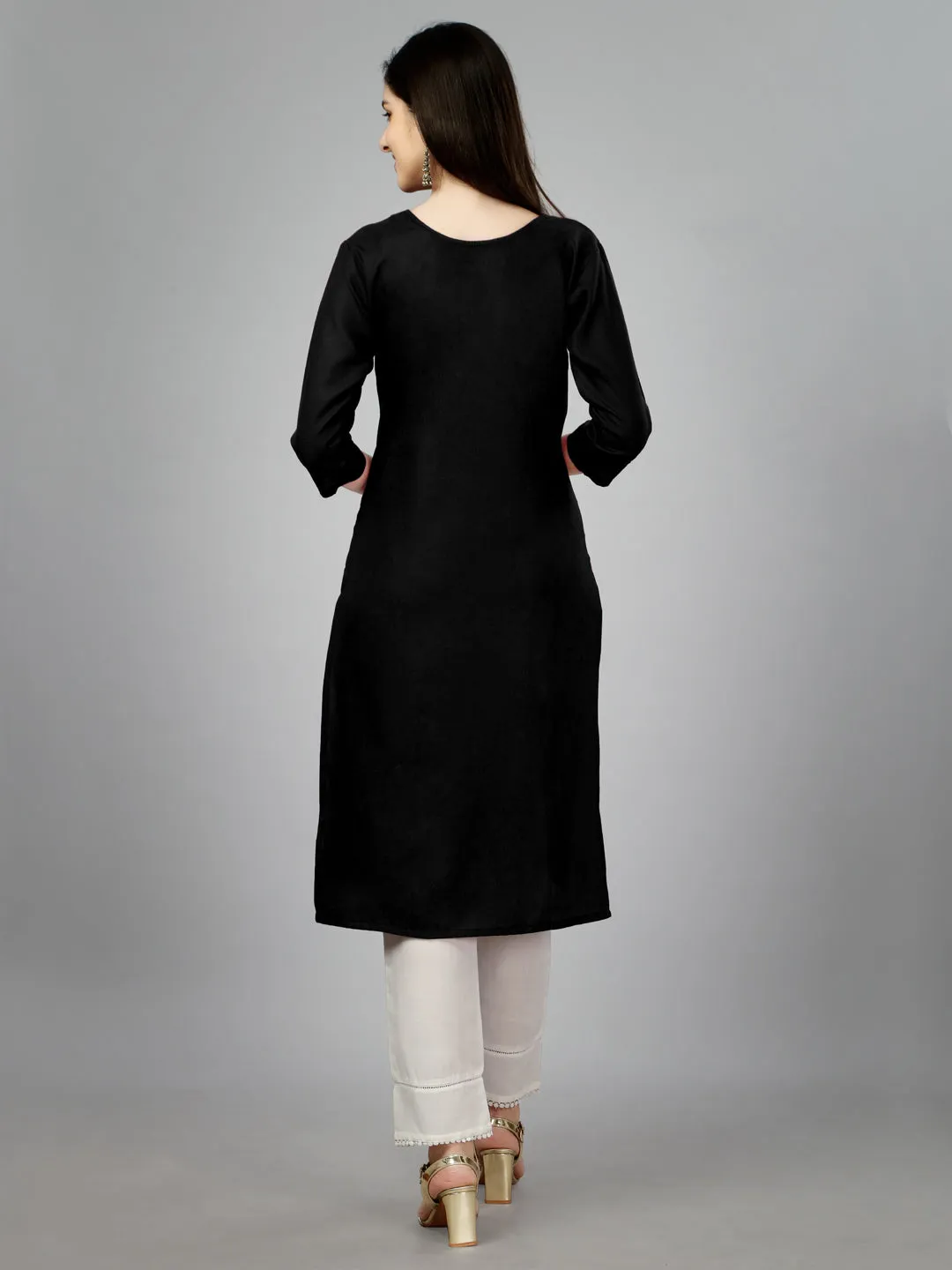 Black Heavy Cotton Magic Slub With Casual Embroidery Kurti
