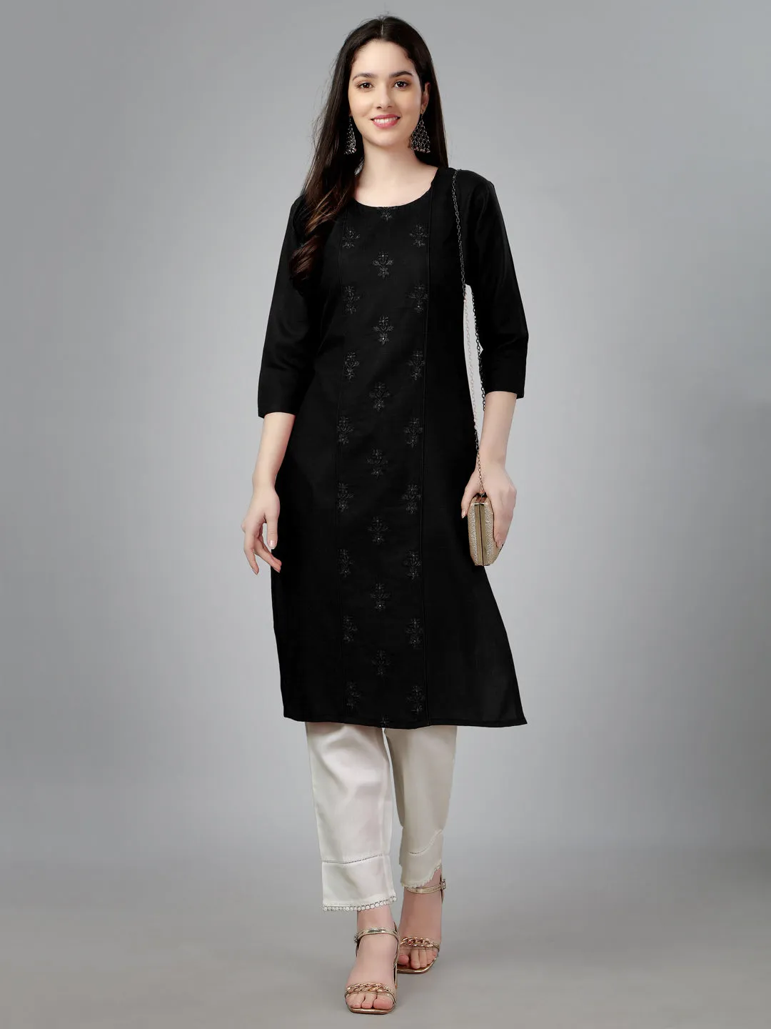 Black Heavy Cotton Magic Slub With Casual Embroidery Kurti