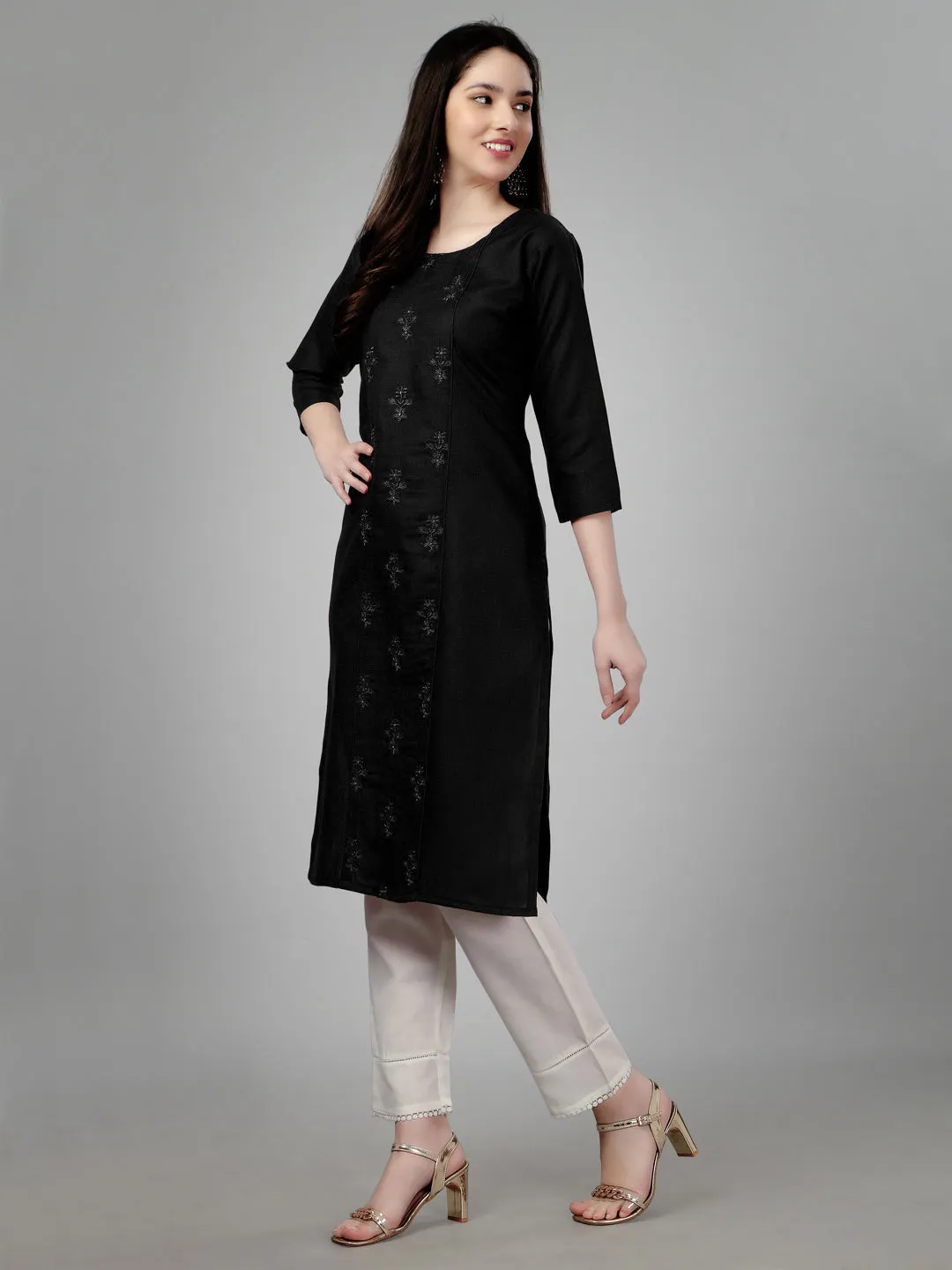 Black Heavy Cotton Magic Slub With Casual Embroidery Kurti