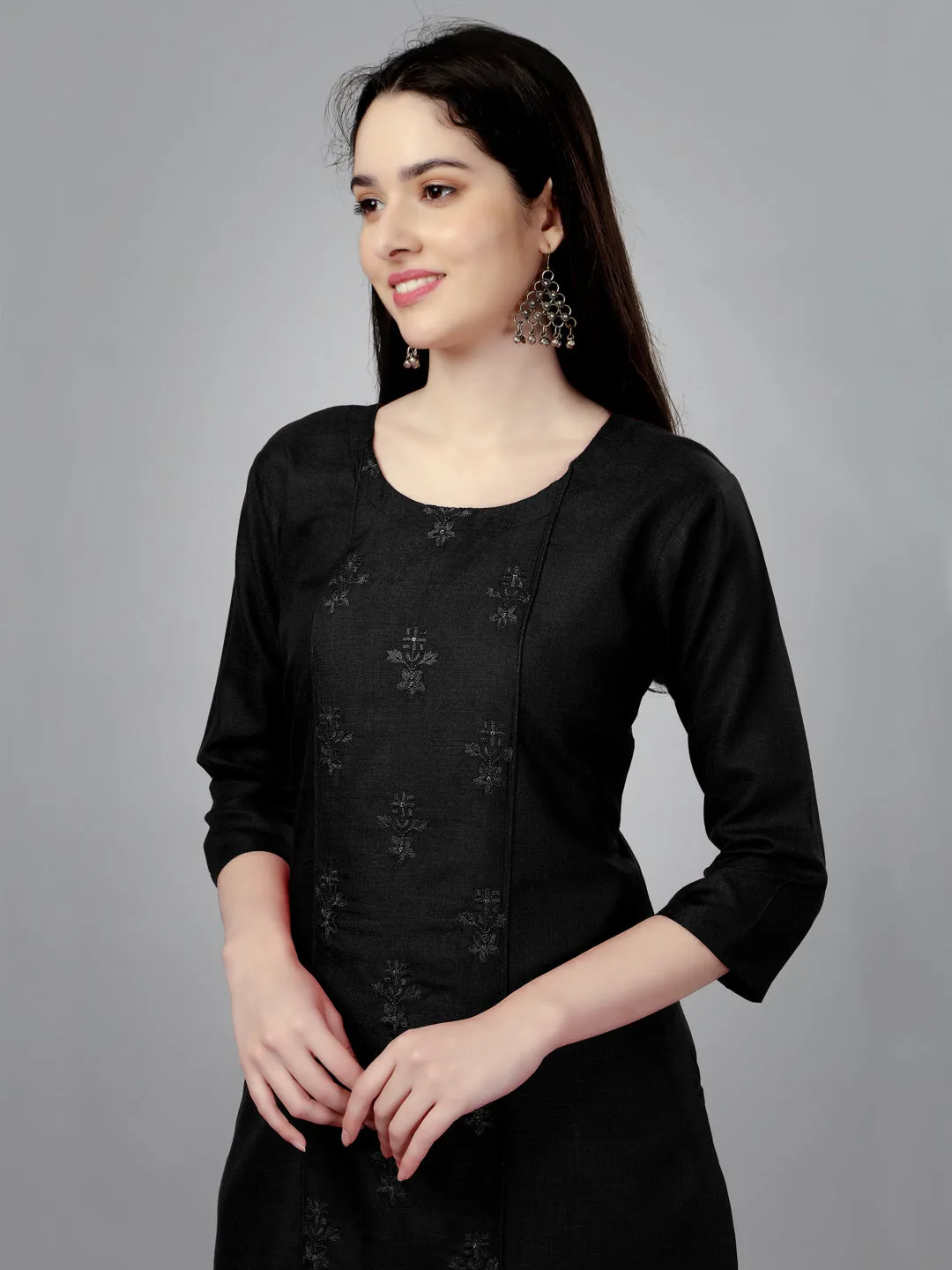 Black Heavy Cotton Magic Slub With Casual Embroidery Kurti