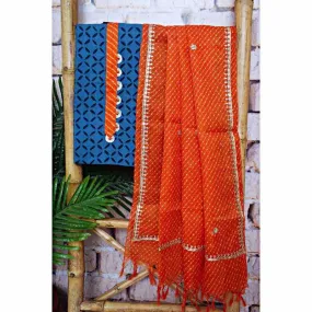 Blue Applique Patchwork Kurti with Kota Silk Dupatta