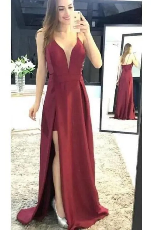 Burgundy Sleeveless Prom Spaghetti Strap Split Satin Party Dresses