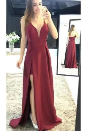 Burgundy Sleeveless Prom Spaghetti Strap Split Satin Party Dresses
