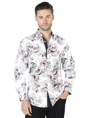 Camisa Casual Manga Larga Estampada Blanco Hueso/Oro para Hombre 'El Señor de los Cielos' - ID: 44037