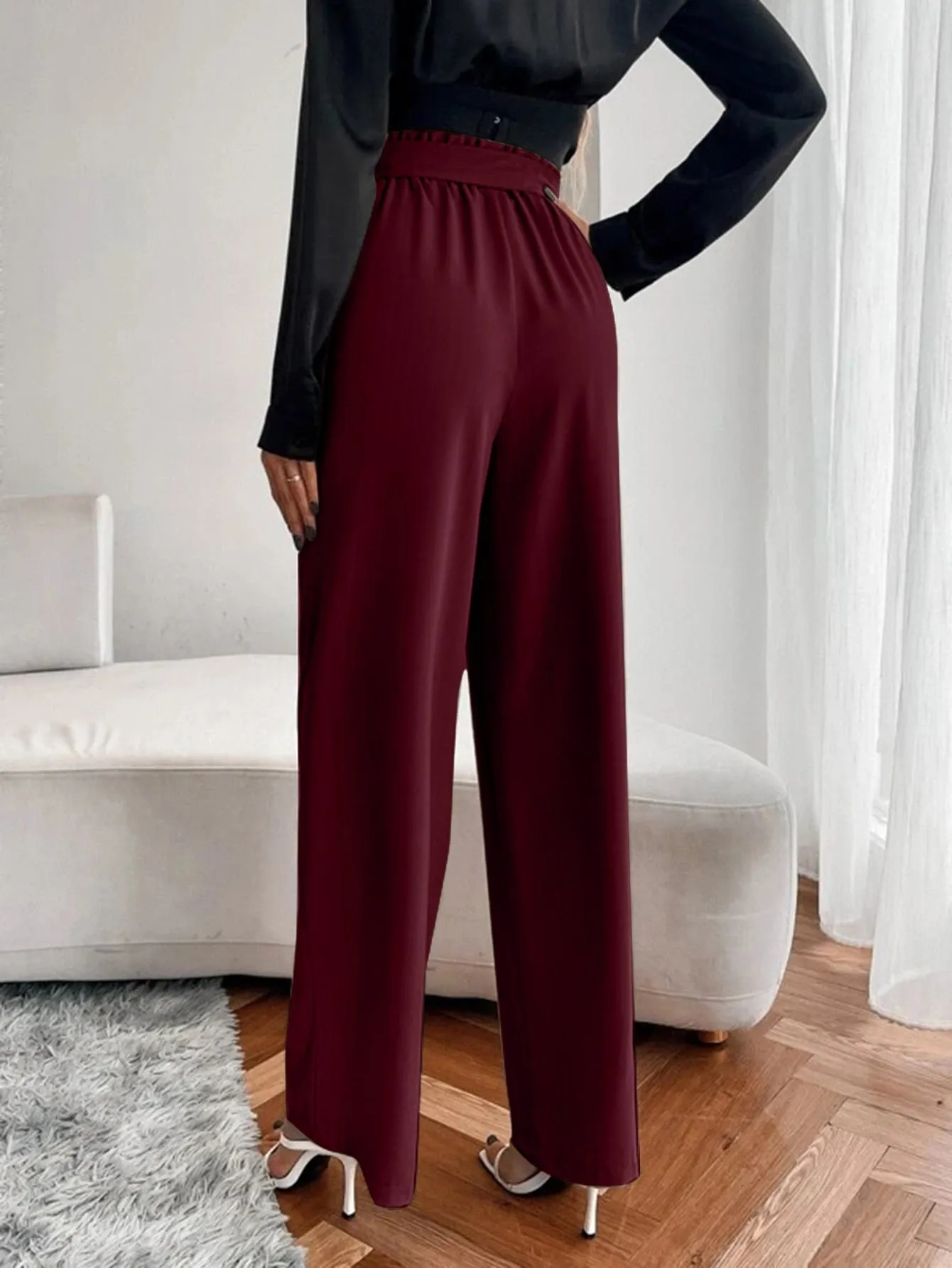 Casual Plain Paper Bag Waist High Waist Long Women Pants