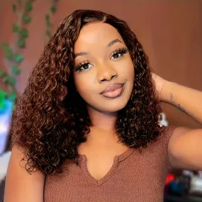 Chocolate Brown Short Curly Bob Wigs 4x4 Kinky Curly Lace Front Wigs Human Hair Pre Plucked For Black Woman Curly Wigs For Women 180% Density