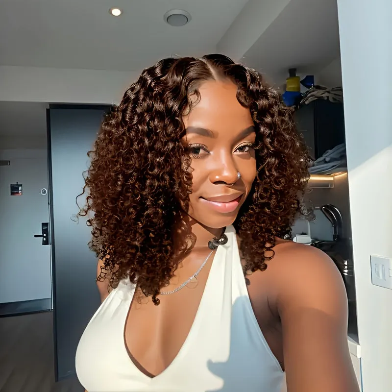 Chocolate Brown Short Curly Bob Wigs 4x4 Kinky Curly Lace Front Wigs Human Hair Pre Plucked For Black Woman Curly Wigs For Women 180% Density