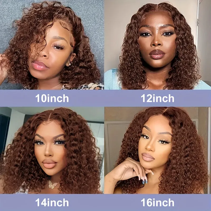 Chocolate Brown Short Curly Bob Wigs 4x4 Kinky Curly Lace Front Wigs Human Hair Pre Plucked For Black Woman Curly Wigs For Women 180% Density