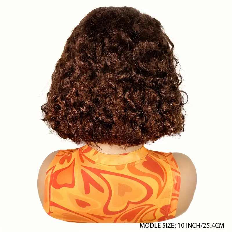 Chocolate Brown Short Curly Bob Wigs 4x4 Kinky Curly Lace Front Wigs Human Hair Pre Plucked For Black Woman Curly Wigs For Women 180% Density