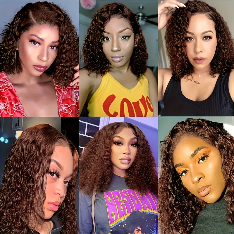 Chocolate Brown Short Curly Bob Wigs 4x4 Kinky Curly Lace Front Wigs Human Hair Pre Plucked For Black Woman Curly Wigs For Women 180% Density