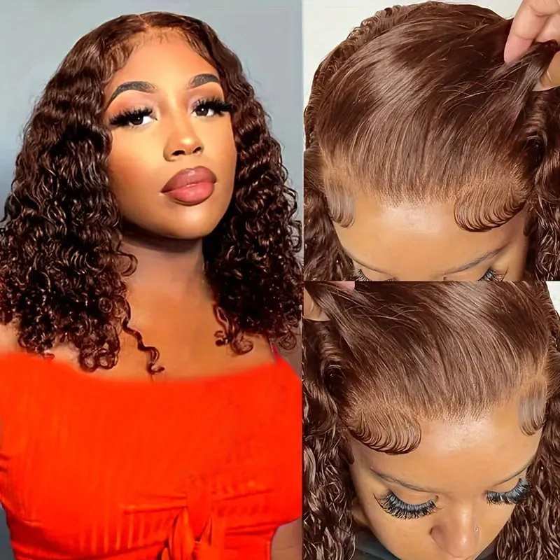 Chocolate Brown Short Curly Bob Wigs 4x4 Kinky Curly Lace Front Wigs Human Hair Pre Plucked For Black Woman Curly Wigs For Women 180% Density