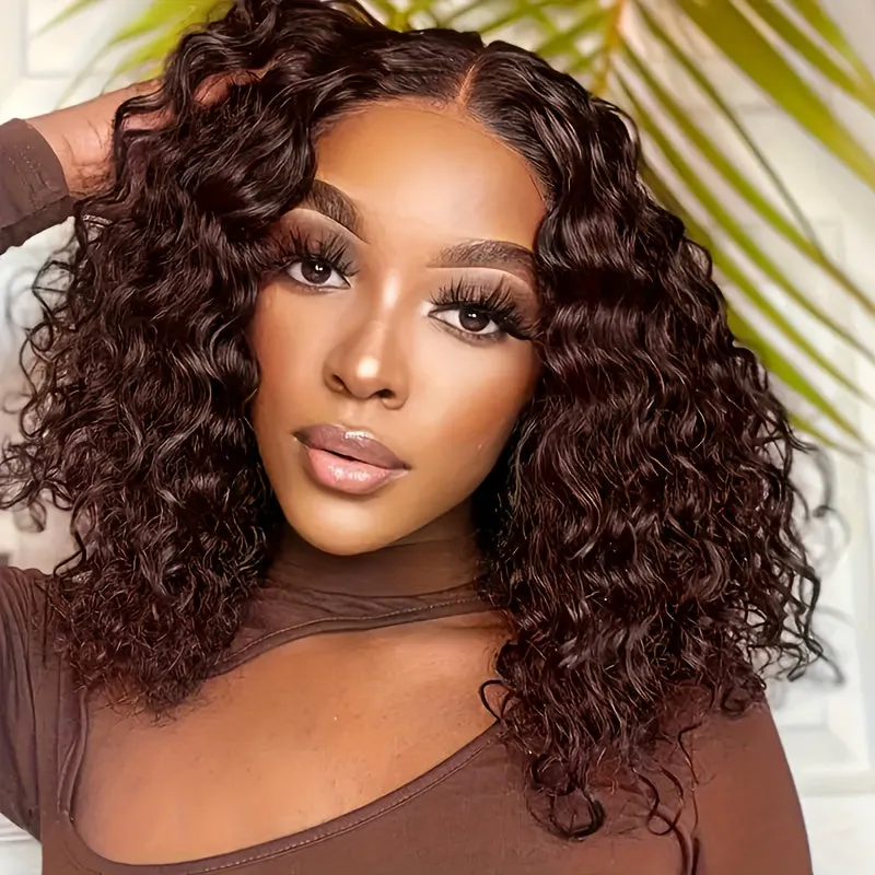 Chocolate Brown Short Curly Bob Wigs 4x4 Kinky Curly Lace Front Wigs Human Hair Pre Plucked For Black Woman Curly Wigs For Women 180% Density