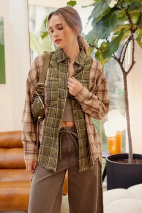 Color Block Plaid Collared Button Down Shirt