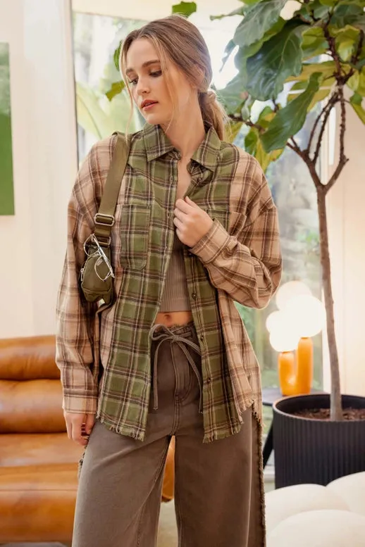 Color Block Plaid Collared Button Down Shirt