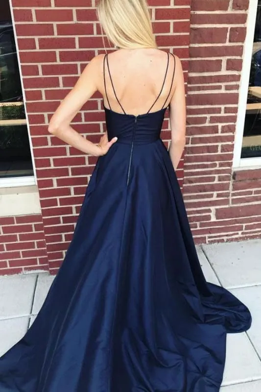 Dark Blue Spaghetti Strap Satin Evening Long Sleeveless Split Prom Dress