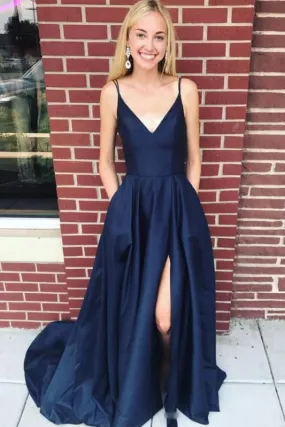 Dark Blue Spaghetti Strap Satin Evening Long Sleeveless Split Prom Dress