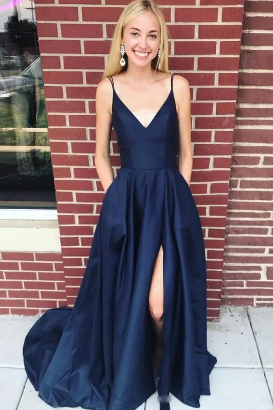 Dark Blue Spaghetti Strap Satin Evening Long Sleeveless Split Prom Dress