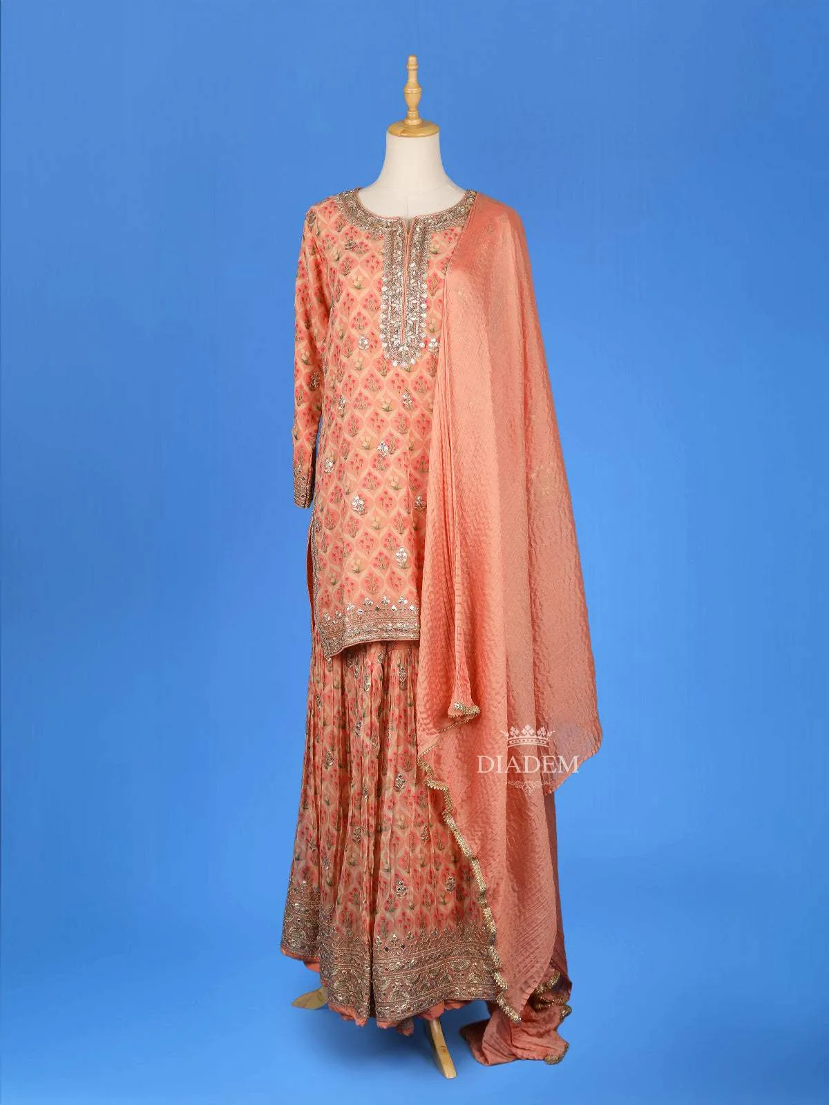 Dark Peach Sharara Set Adorned with Floral Printed Designs, Paired with Dupatta